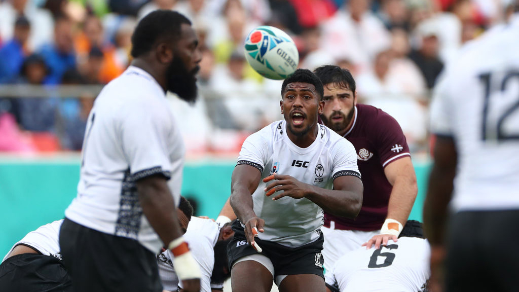 Fijian rugby player taken by surprise by rouge rugby ball to the head
